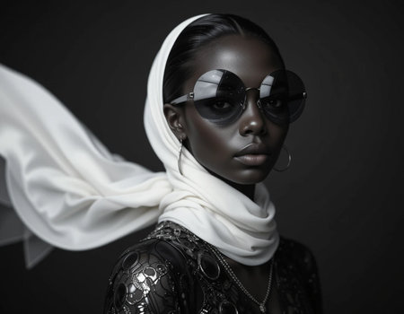 Portrait of a beautiful African American woman wearing black sunglasses and white scarfの素材