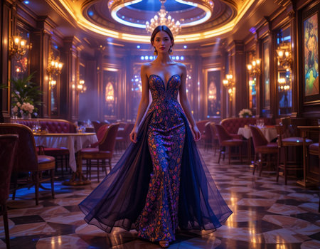 Beautiful girl in a long evening dress in the interior of the hotelの素材