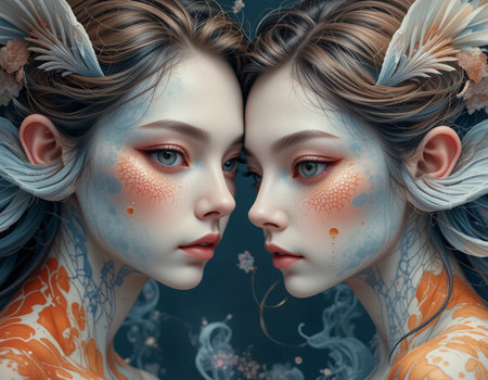 Two beautiful girls with fantasy make-up. 3d illustration.の素材