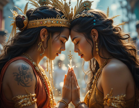 Beautiful asian women in traditional costume praying together at the streetの素材