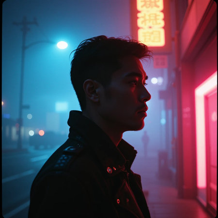 Portrait of a handsome Asian man in the street at nightの素材