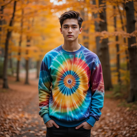 young handsome asian man in colorful sweater posing in autumn park, lifestyle people conceptの素材