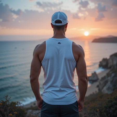 Athletic young man in sportswear standing on the top of the mountain and looking at the sunset.の素材