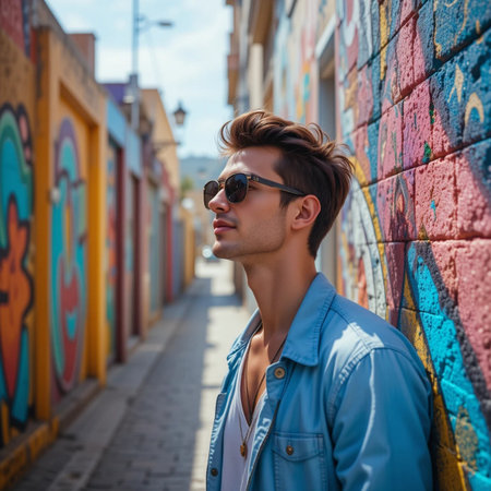 Handsome young man in sunglasses on a background of colorful graffiti wallの素材