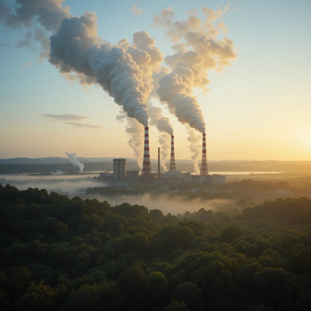 Aerial view of coal power plant with smokestack at sunriseの素材