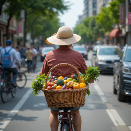 Rear view of a woman riding a bicycle with a basket full of fruits and vegetablesの素材