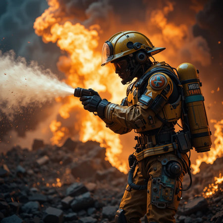 Firefighter in a fire fighting suit with a fire extinguisher.の素材