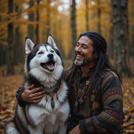 Handsome man with his dog husky in the autumn forestの素材