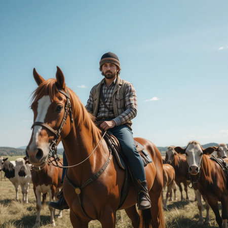 Young man riding a horse in the field. Horseback riding.の素材