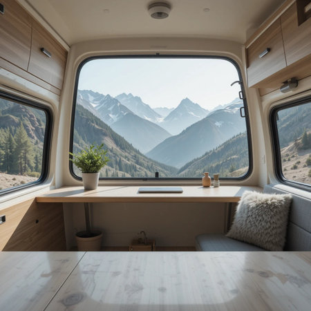 Interior of a camper van, view from the window. Nobody insideの素材
