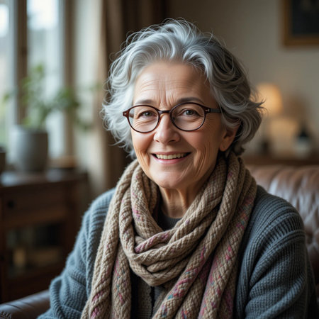 Portrait of smiling senior woman wearing eyeglasses and scarf at homeの素材