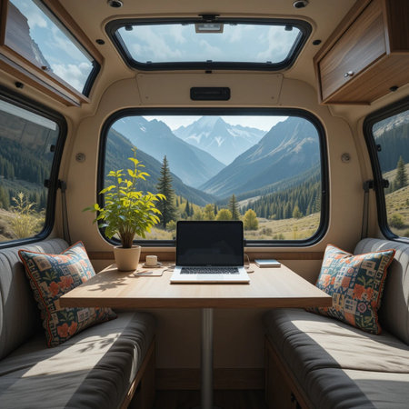 Interior of a camper van with a laptop on the table and mountains in the backgroundの素材