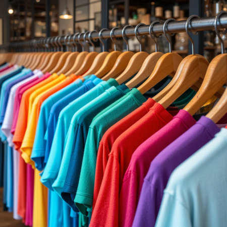 Colorful t-shirts on hangers in shop, closeupの素材