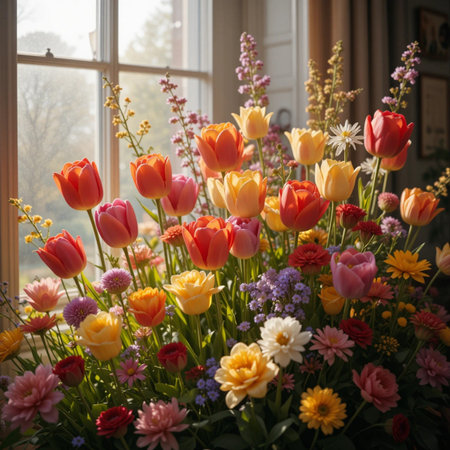 Beautiful bouquet of tulips and other flowers on the windowsillの素材