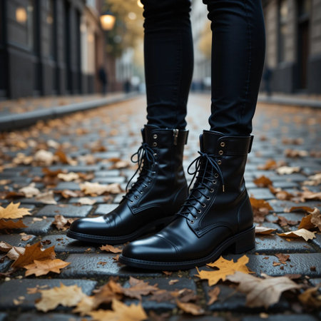 Female legs in black leather boots on the background of autumn leaves.の素材