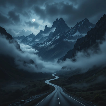 Road in the mountains at night with a full moon and clouds.の素材