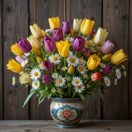 Bouquet of tulips and chamomiles in vase on wooden backgroundの素材