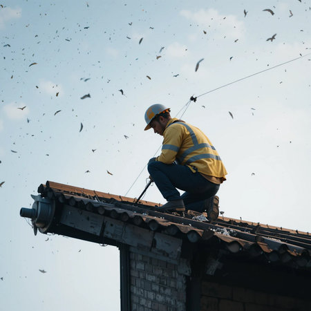 Worker on the roof of a house in the process of installing roof tiles.の素材