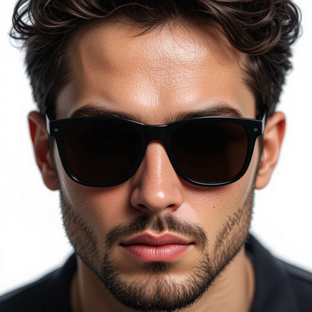 Portrait of a handsome young man in sunglasses on white background.の素材