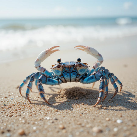 Blue crab on the beach. Selective focus on the crab.の素材