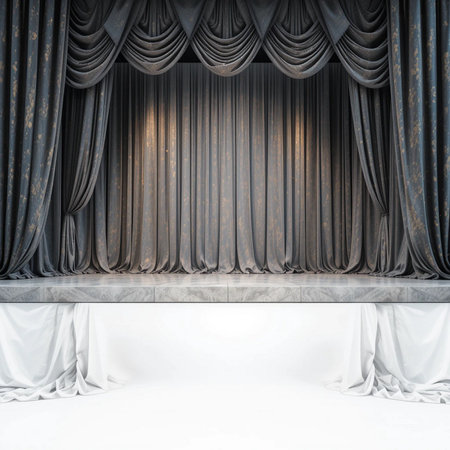 Theater stage with black curtain and spotlights. 3d renderの素材