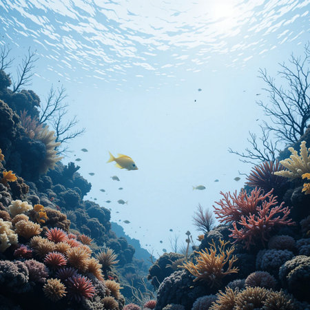Underwater scene with corals and tropical fish. 3d renderの素材