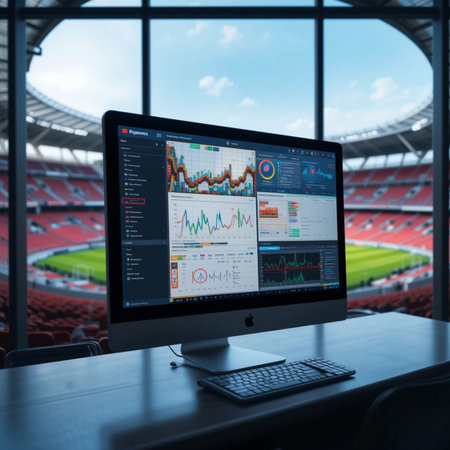 Monitor screen with stock market data on the background of a large football stadiumの素材