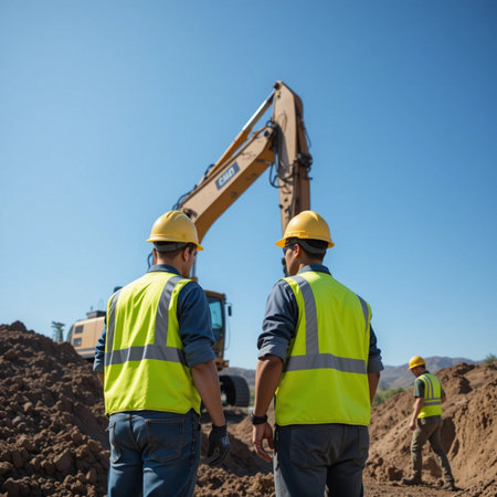 Back view of two construction workers standing with back to camera on construction siteの素材