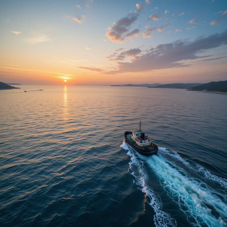 Aerial view of ferry boat in the sea at sunset time.の素材