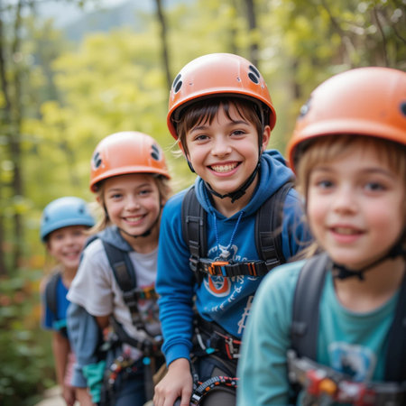 Group of children climbing in the forest. Extreme sport for kids.の素材