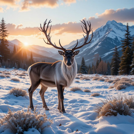 Reindeer in the snowy mountains at sunset. Beautiful winter landscape.の素材