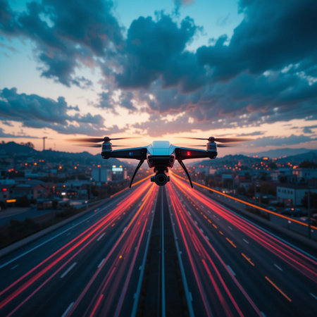 Drone with camera flying over the highway in the city at sunsetの素材