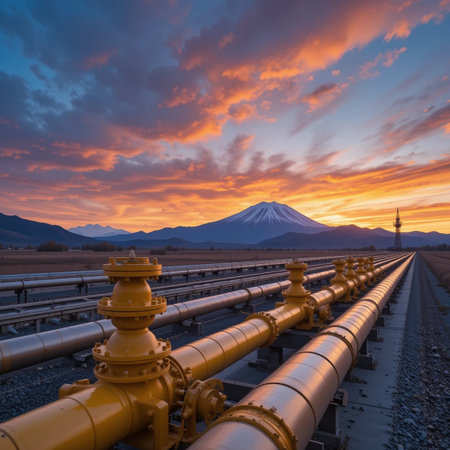 Kawaguchiko railway station and Mount Fuji at sunset.の素材