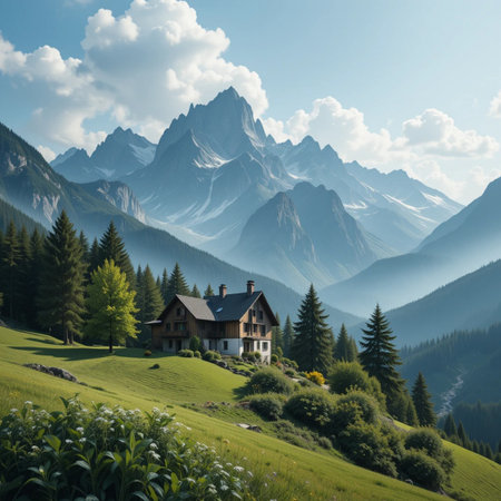 Beautiful mountain landscape with small chalet in the mountains.の素材