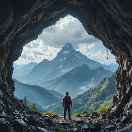 Hiker with backpack standing in the cave and looking at Matterhorn, Switzerlandの素材