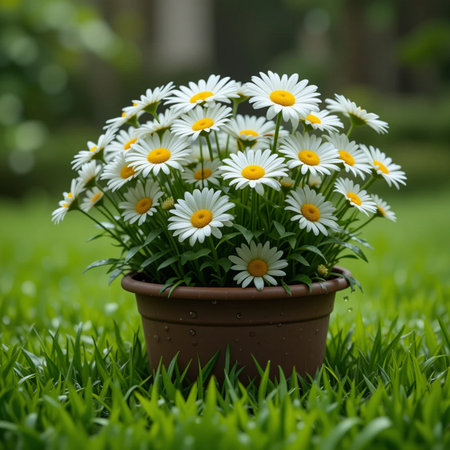 Bouquet of white daisies in a clay pot on the grassの素材