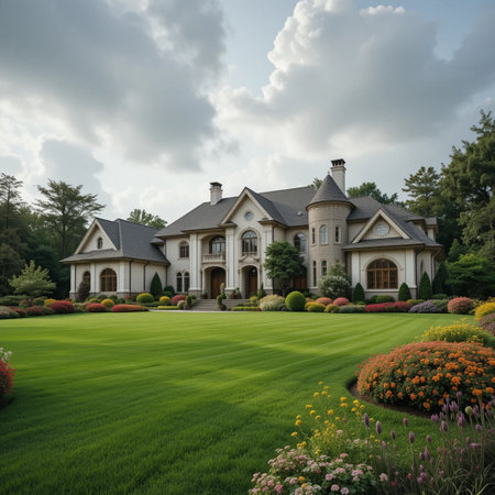Luxury house in the garden with grass and flower bed.の素材