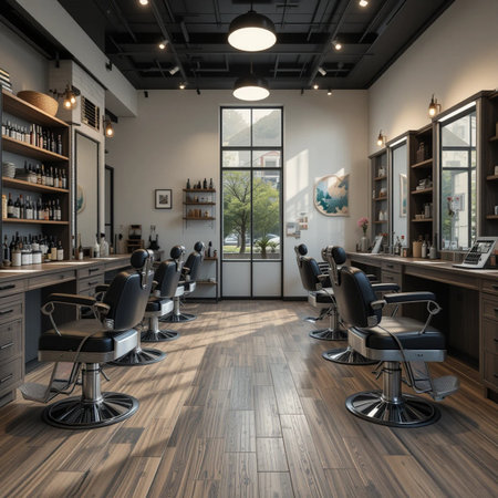 Interior of a barbershop with chairs and table. 3d renderingの素材