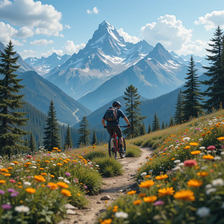 Mountain bike cyclist in high mountains. Sport and active life concept.の素材