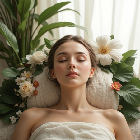 Young woman in spa salon lying on massage table with flowers. Spa treatment.の素材