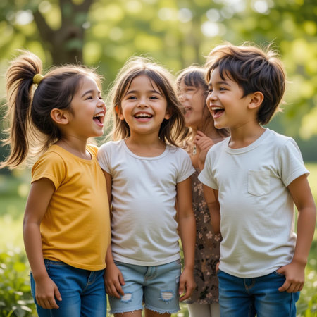 Group of happy kids having fun together in the park on sunny summer dayの素材