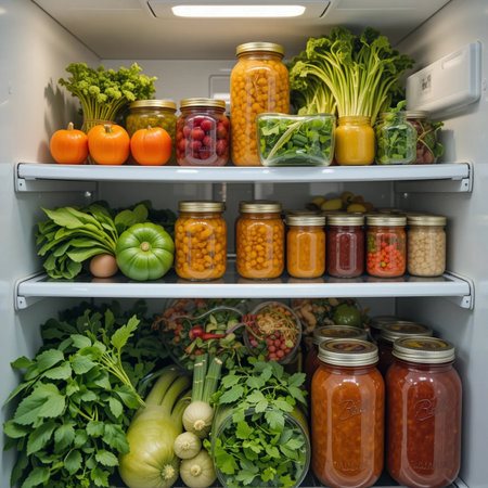 Open refrigerator full of healthy food. Fruits and vegetables in jarsの素材