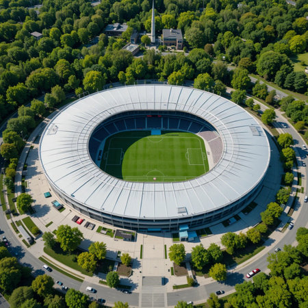 Aerial view of the modern football stadium in Wroclaw, Poland.の素材