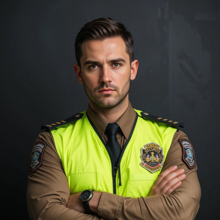 Portrait of a security guard with arms crossed on dark background.の素材