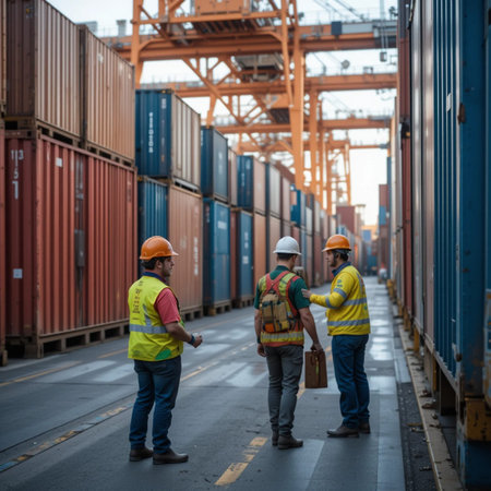 Industrial worker working with co-worker at overseas shipping container yardの素材
