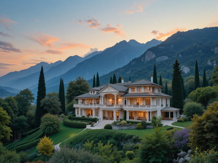 Luxury villa in the mountains at sunset. summer landscapeの素材