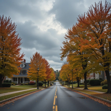 Autumn leaves and road in the middle of the city with cloudy skyの素材