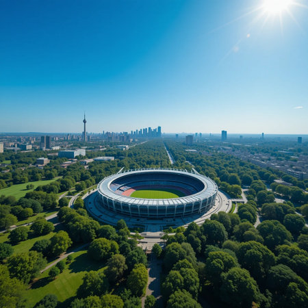 Aerial view of a football stadium in the city of Shanghai, Chinaの素材