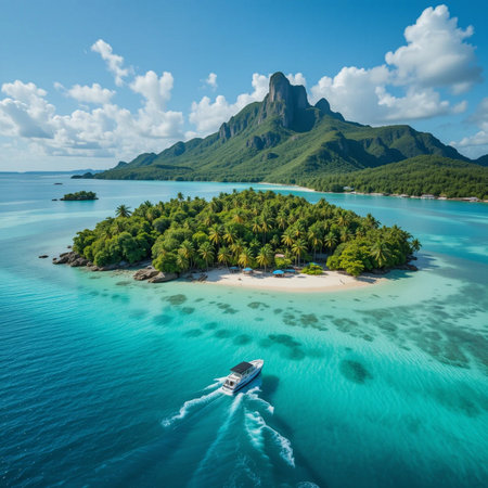 Aerial view of beautiful tropical island with palm trees and turquoise seaの素材