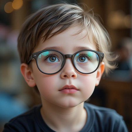 Portrait of a cute little boy with glasses. Selective focus.の素材